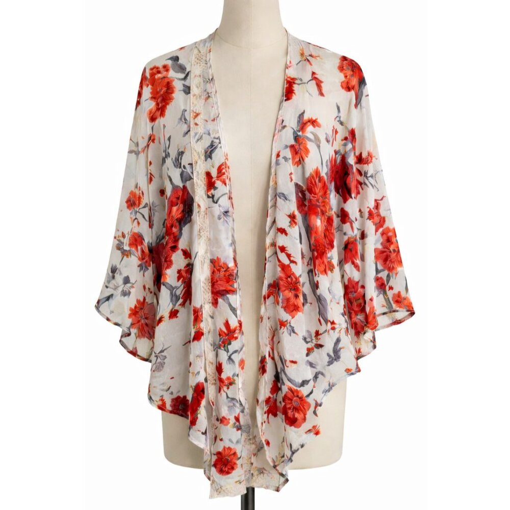 Umgee BOHO Kimono Top Womens M/L Floral Chiffon Lace Trim Cottagecore